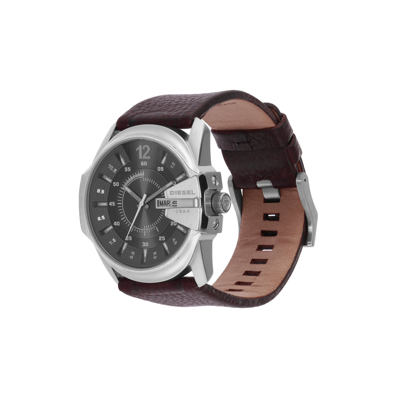 Men’s wristwatch with a brown leather strap and silver-toned case.