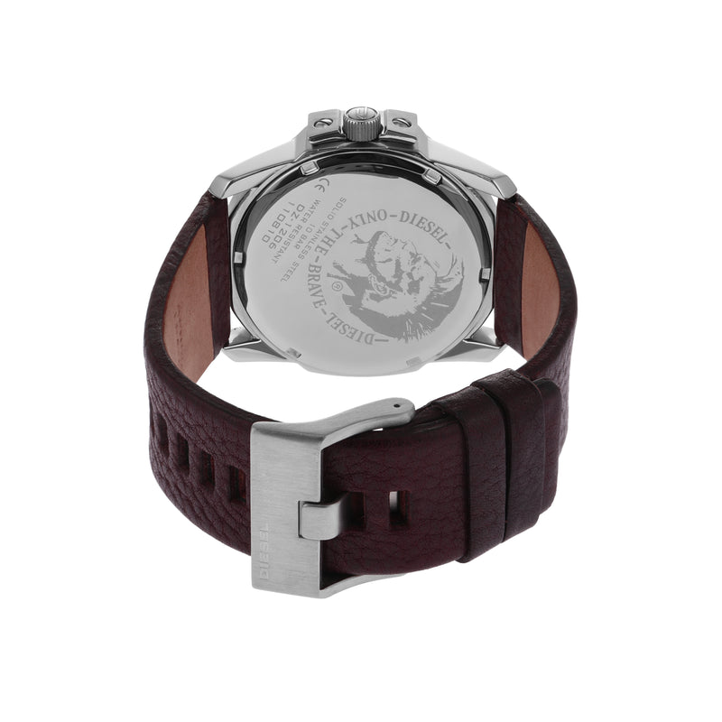 Wristwatch with a brown leather strap and silver-toned metal case.