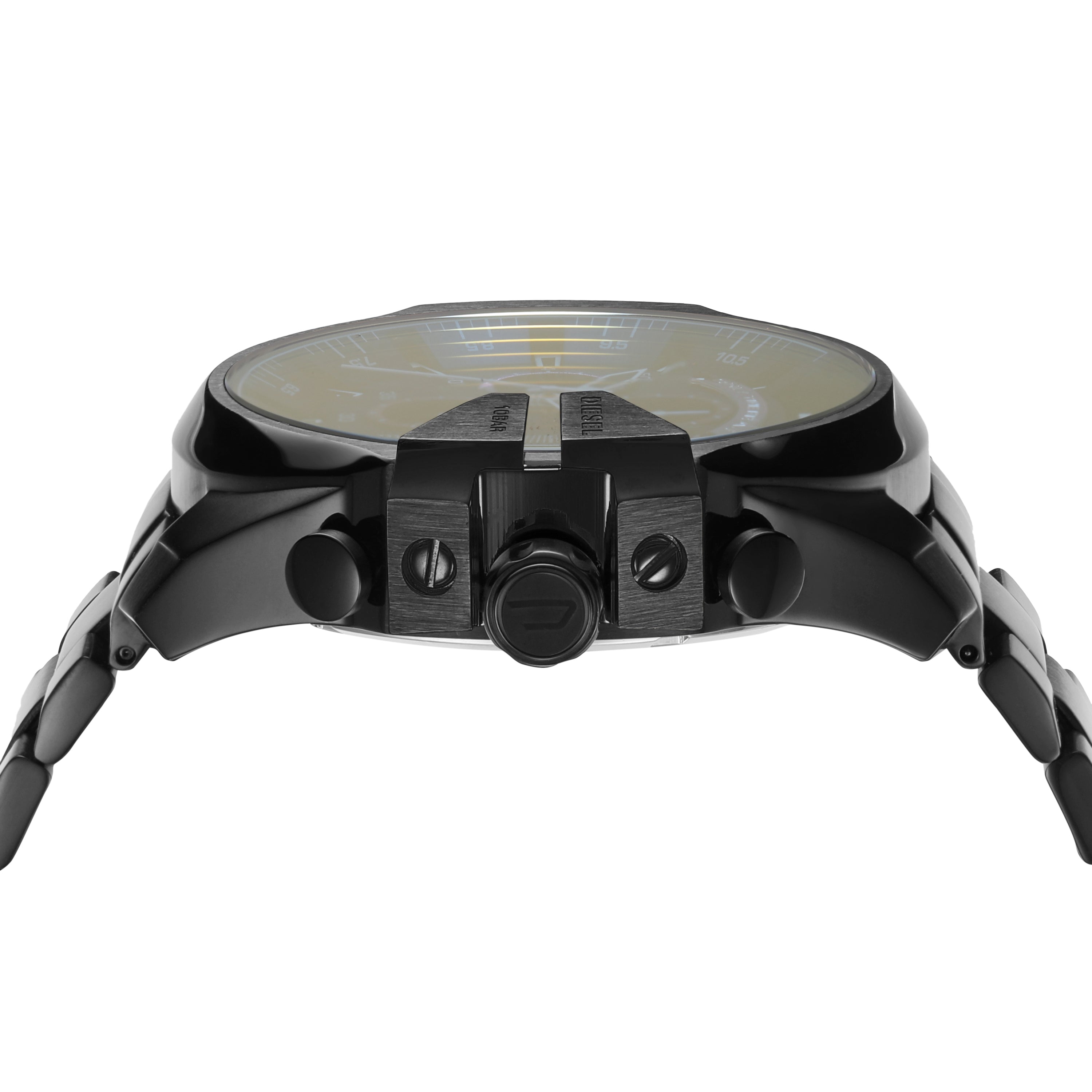 Side view of a black wristwatch showing the case and crown.