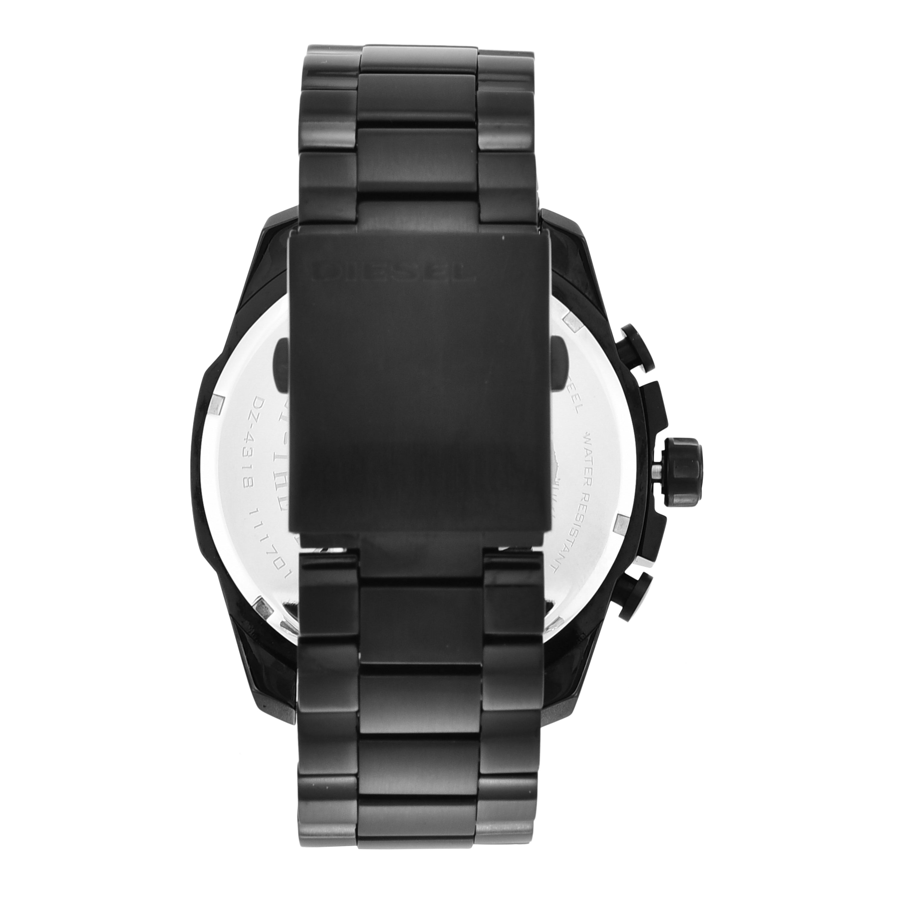 Black metal wristwatch with a chunky case and linked bracelet.