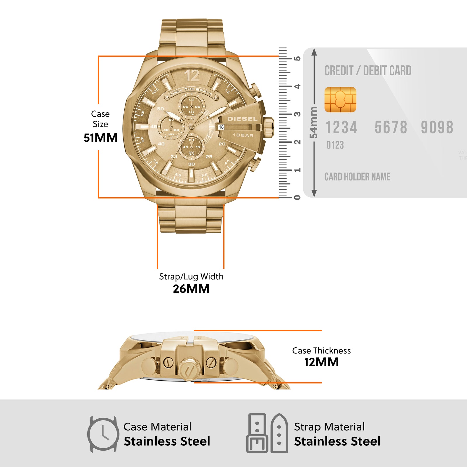 Gold Tone Stainless Steel Diesel Mega Chief Chronograph Watch DZ4360 Watch Direct