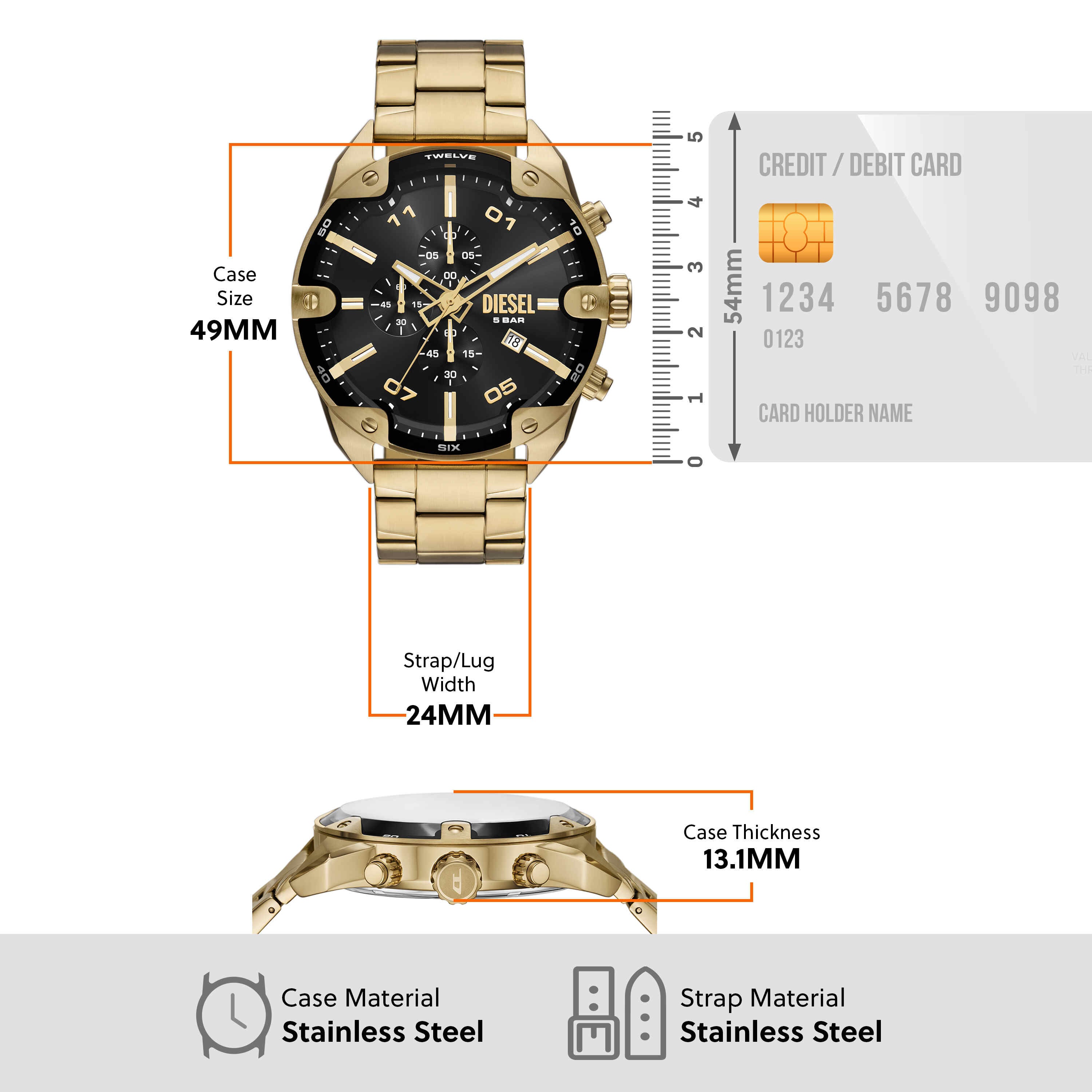 Diesel Spiked Black Dial Gold Stainless Steel Watch DZ4678