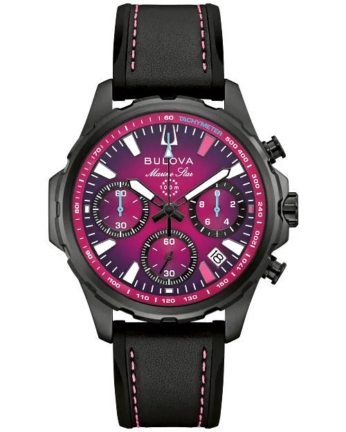Bulova Marine Star E1 Team Miami 98B476 chronograph men's watch with magenta ombre purple dial and black rubber strap — front view