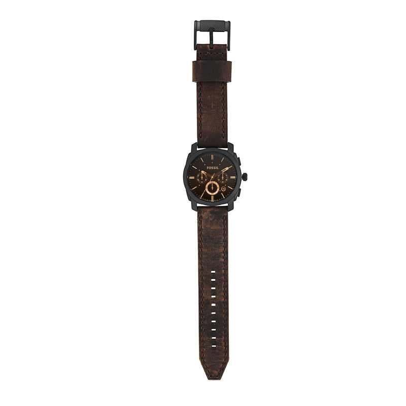 Wristwatch with a square black face and brown leather strap.