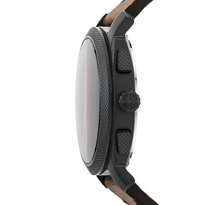 Side view of a sleek smartwatch with a round face, black casing, and brown leather strap.