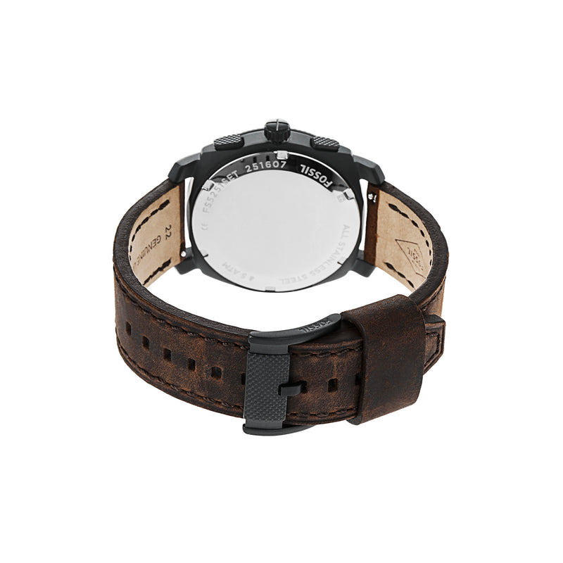 Wristwatch with a dark brown leather strap and black case.