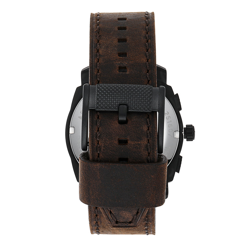 Wristwatch with a dark brown leather strap and black case.