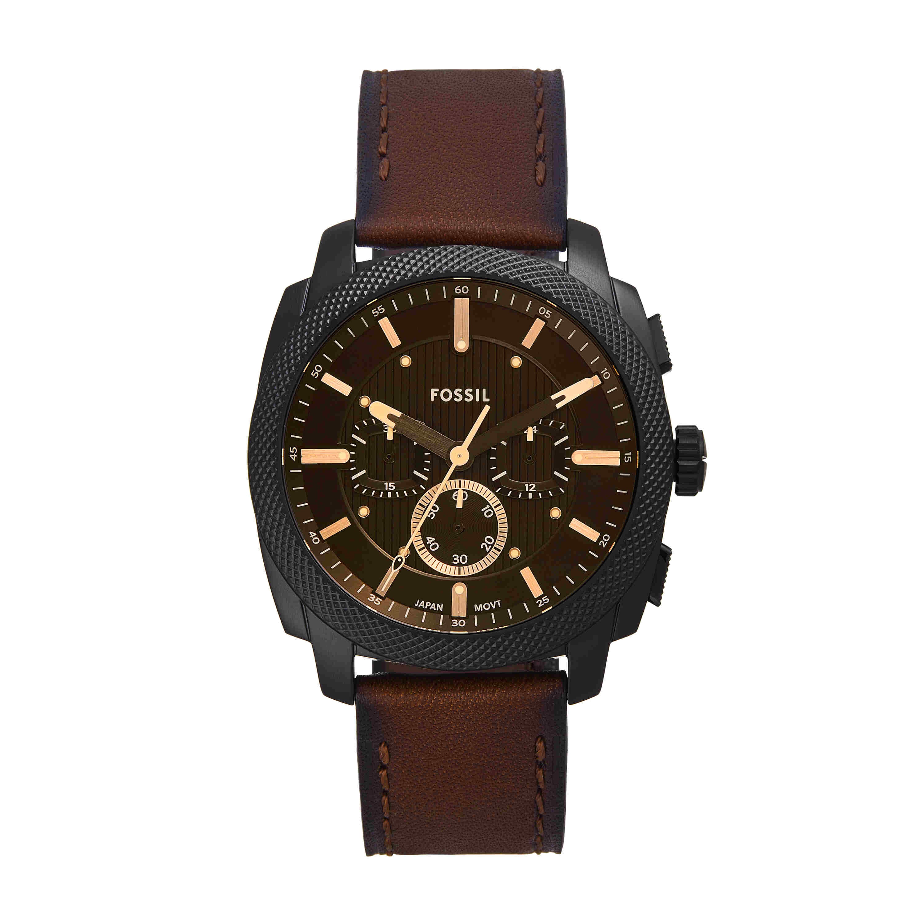 Fossil Machine Black Dial Brown Leather Strap Watch FS6101