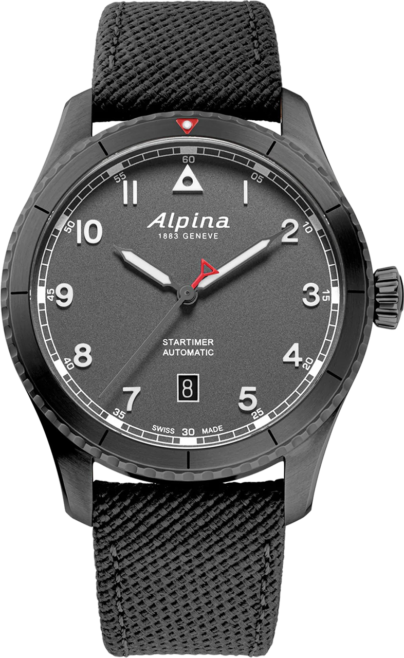 Black wristwatch with a gray dial and fabric strap displaying the Alpina brand.