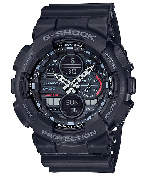 Black G-Shock wristwatch with a complex digital-analog display.