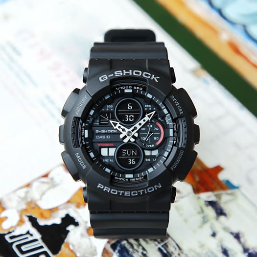 Black G-Shock digital wristwatch with a complex display.