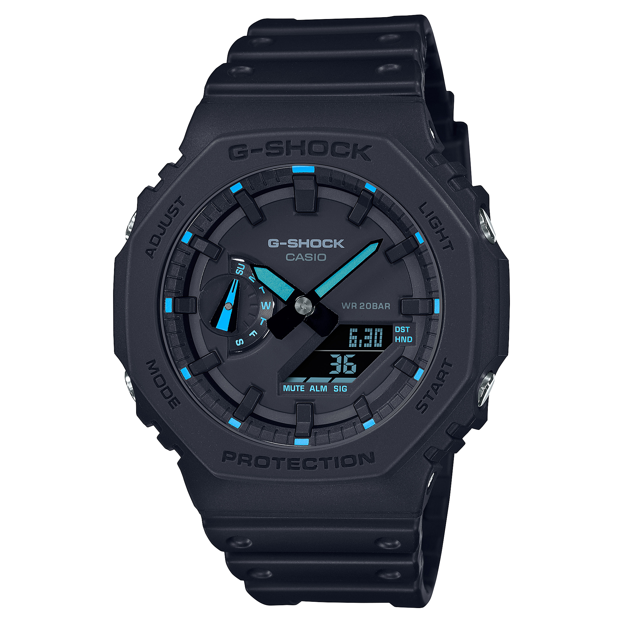 Black G-Shock wristwatch with blue accents on the dial.