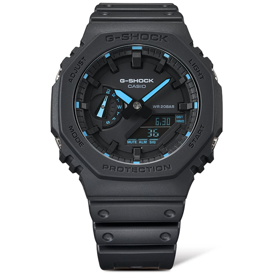 Black G-Shock wristwatch with blue accents on the dial.