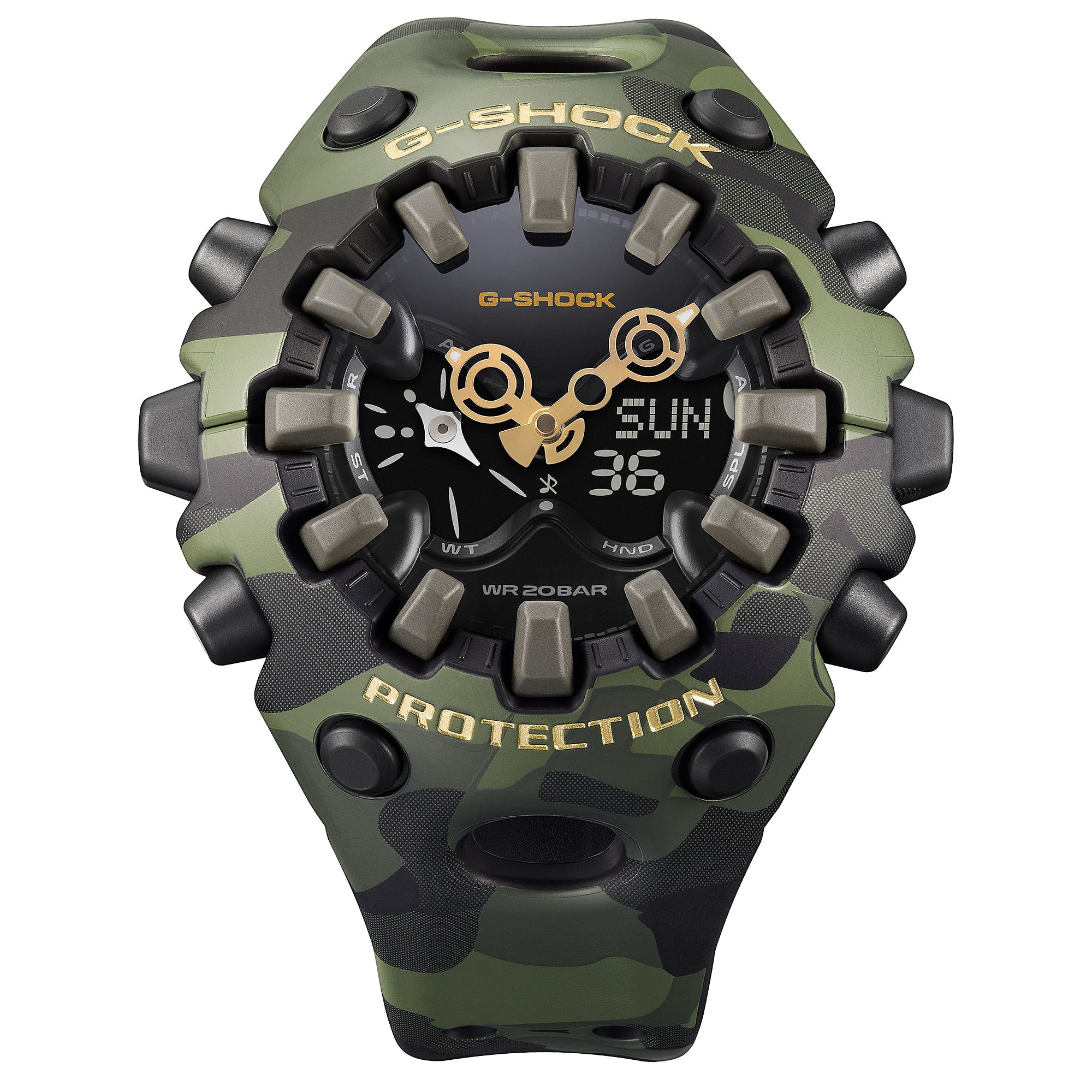 Front view of the G-Shock GAV01CMG-3A analog-digital display.