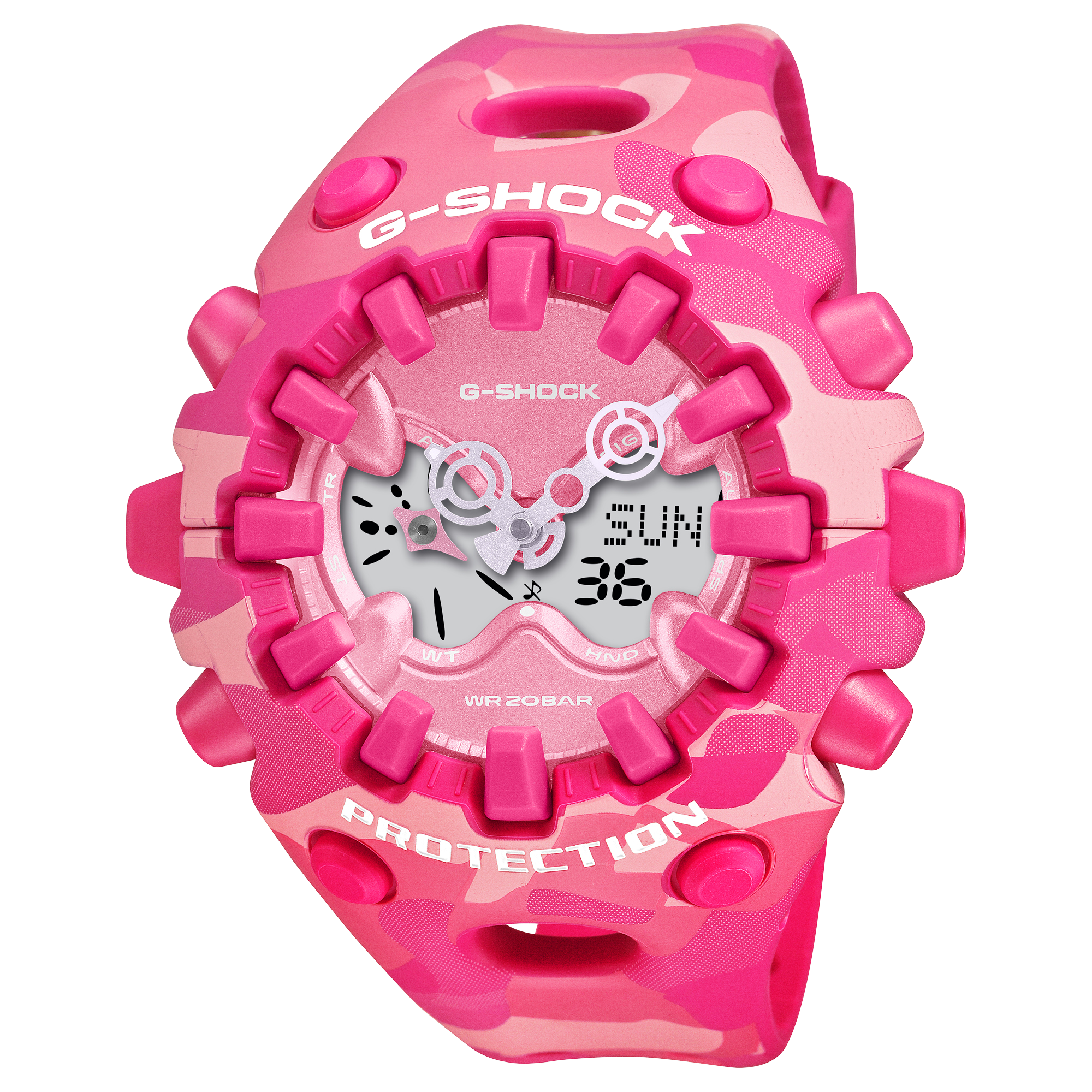 G-Shock wristwatch with a pink camouflage bezel and matching resin band.