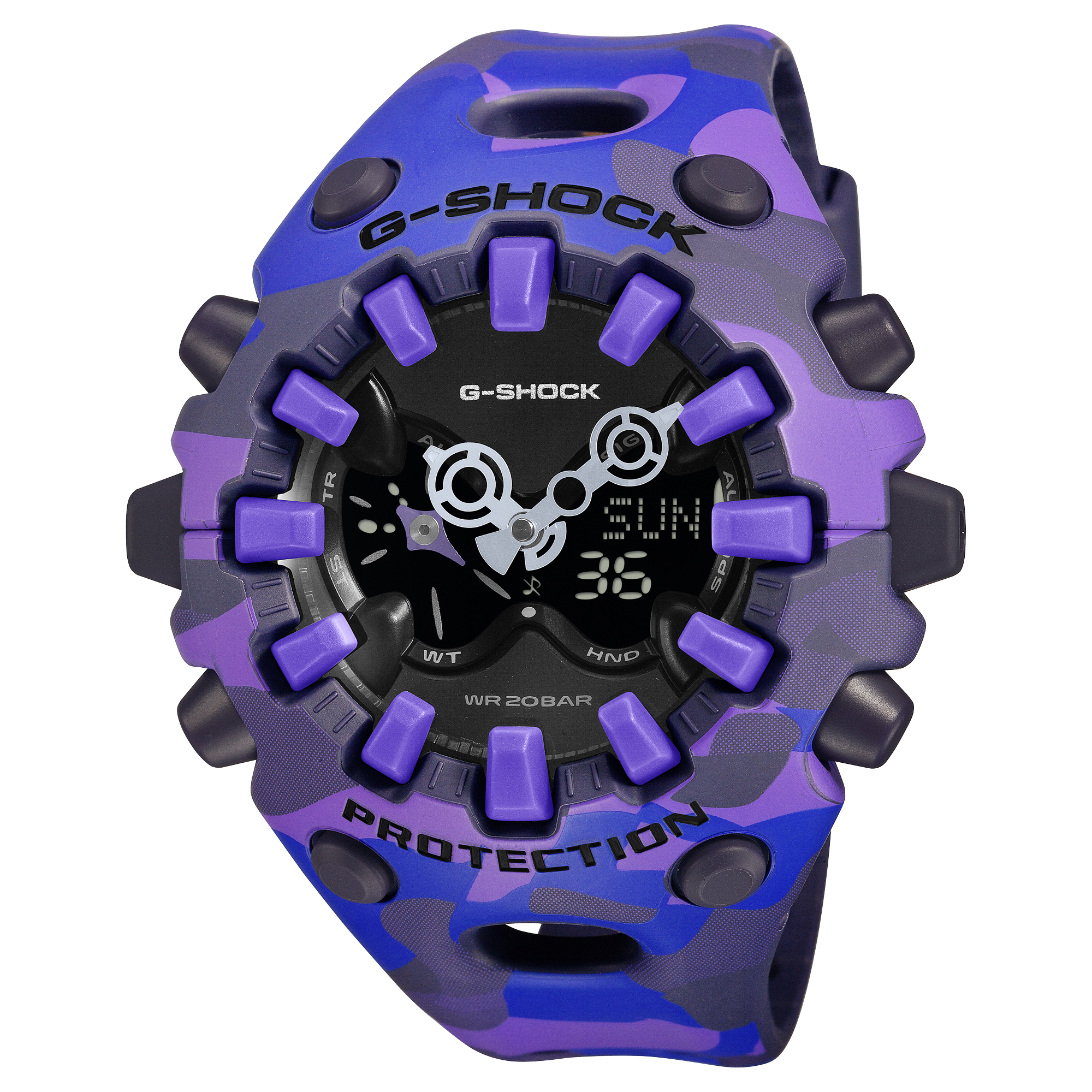 G-Shock wristwatch with a purple camouflage bezel and matching resin band.