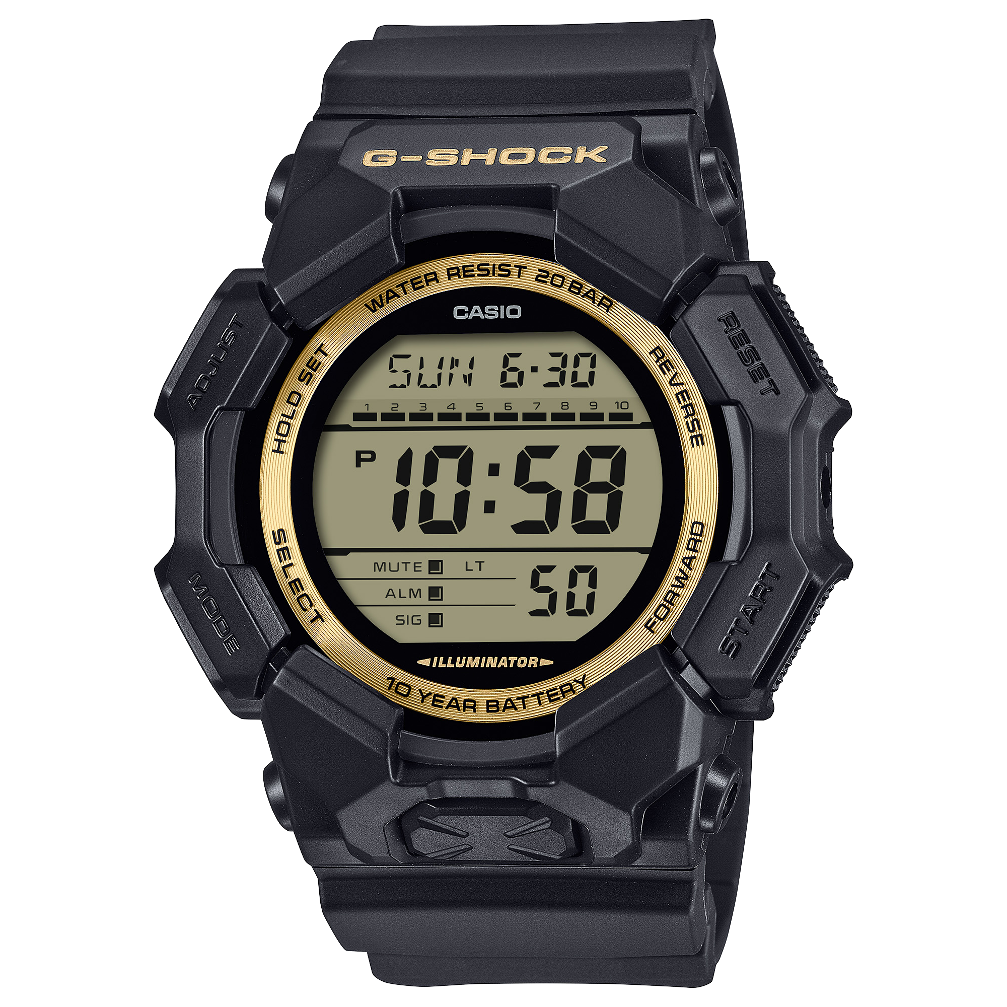 G-Shock Digital Black Resin Band Gold Dial Watch GD010GB-1A9