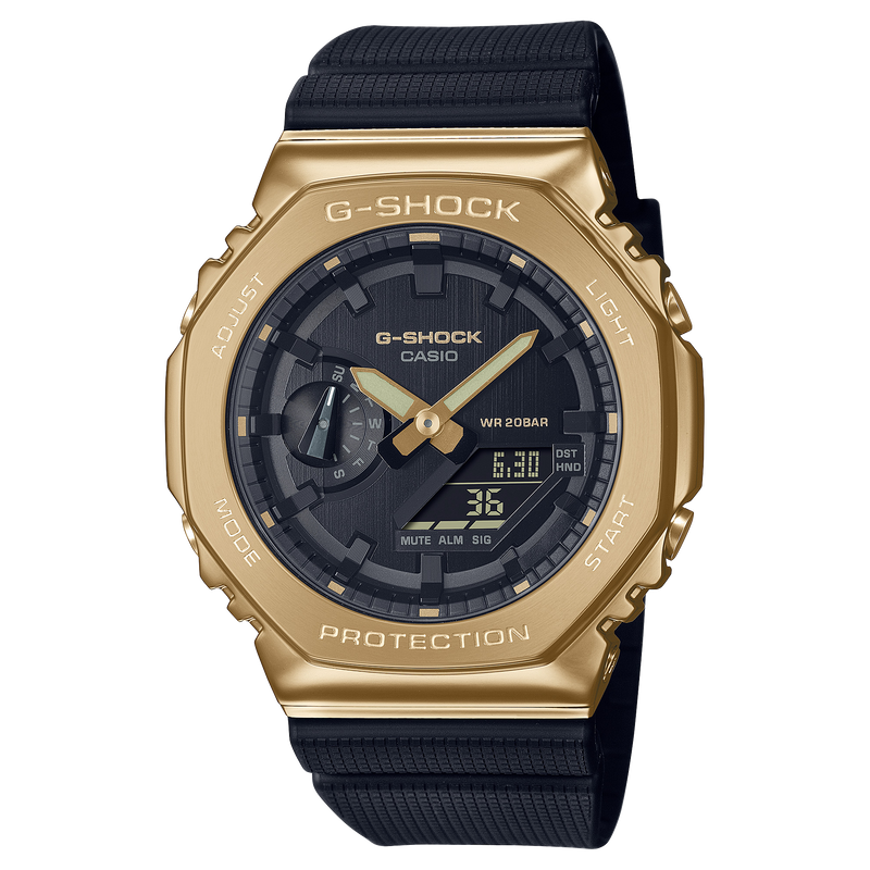 Gold and black G-Shock wristwatch with analog-digital display and fabric strap.