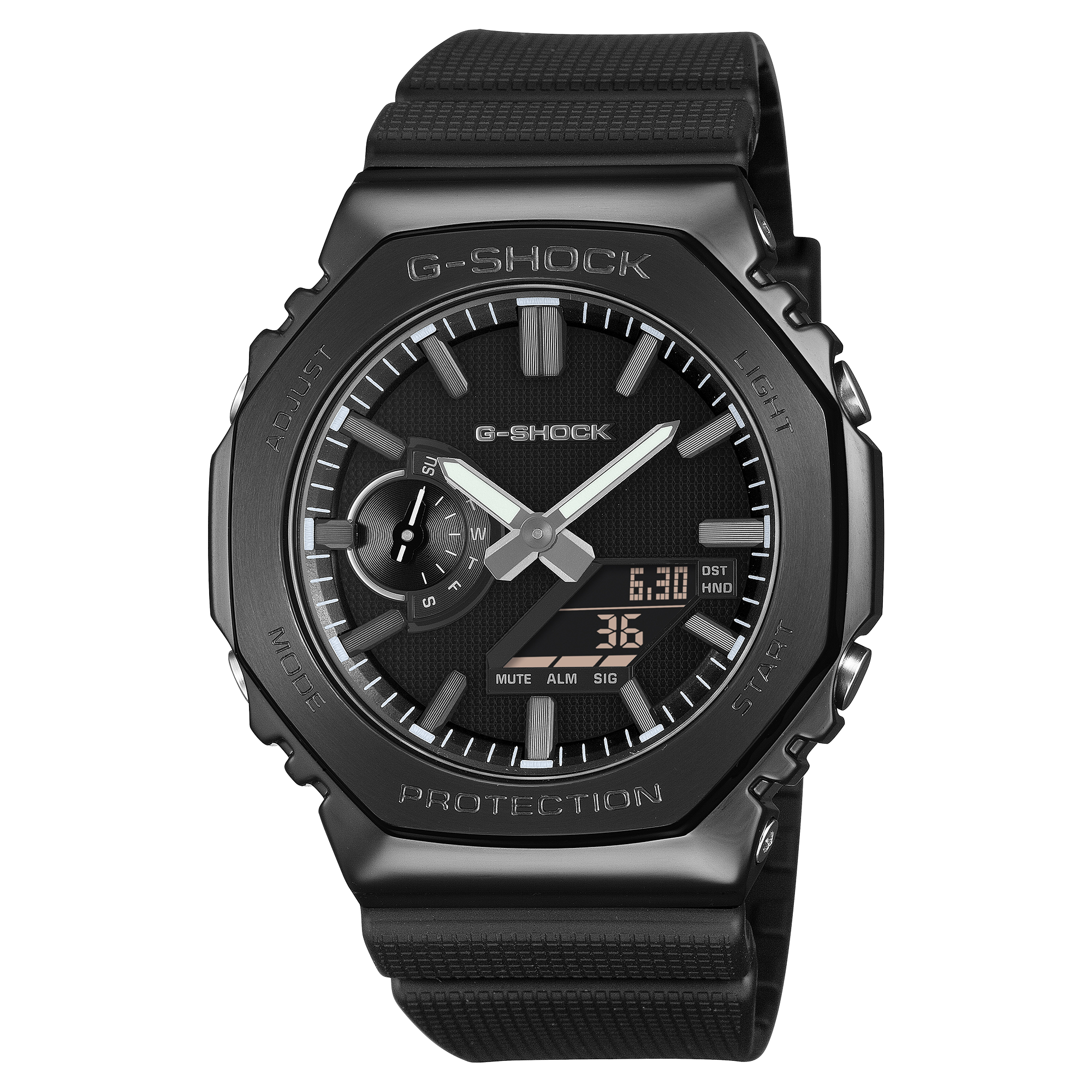 G-Shock CasiOak Luxe wristwatch with a black metal octagonal bezel and black resin band.