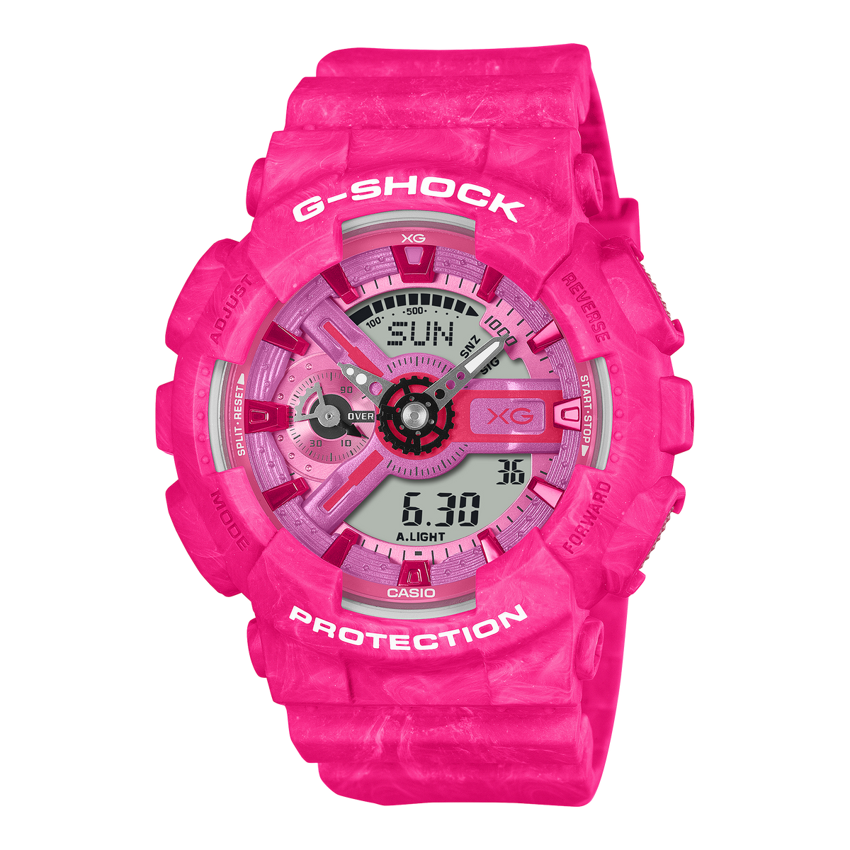 G-Shock GMAS110XG-4A XG collaboration watch with pink marbled resin bezel and band, front view