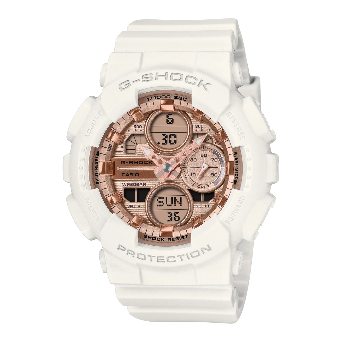 G-Shock Analog Digital Mid Size White Resin Band Metallic Pink Dial Watch GMAS140PG-7A
