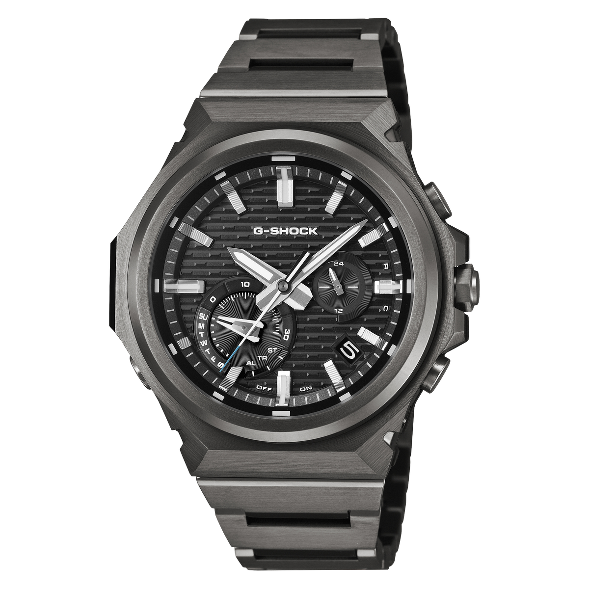 G-Shock G-STEEL wristwatch with a black dial and black ion-plated stainless steel bracelet.