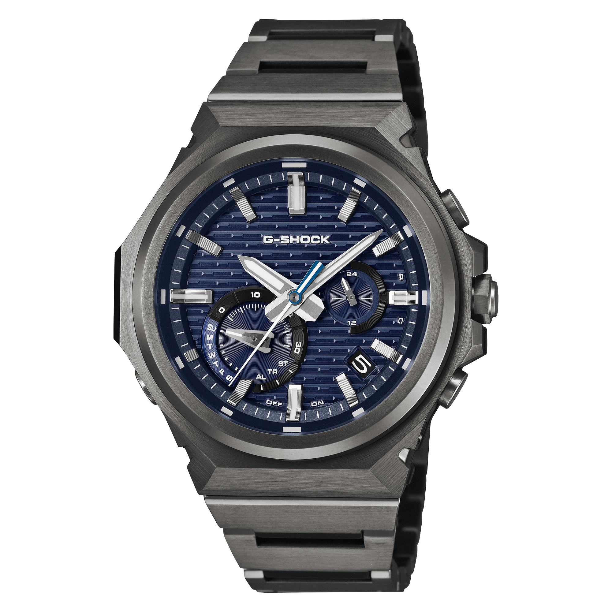 G-Shock G-STEEL wristwatch with a blue dial and black ion-plated stainless steel bracelet.