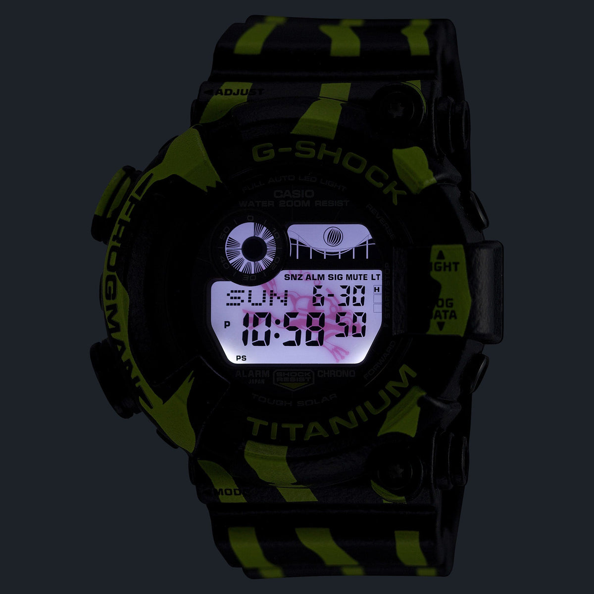 G-Shock Frogman GW8200TPF-1D with the LED backlight illuminating the display