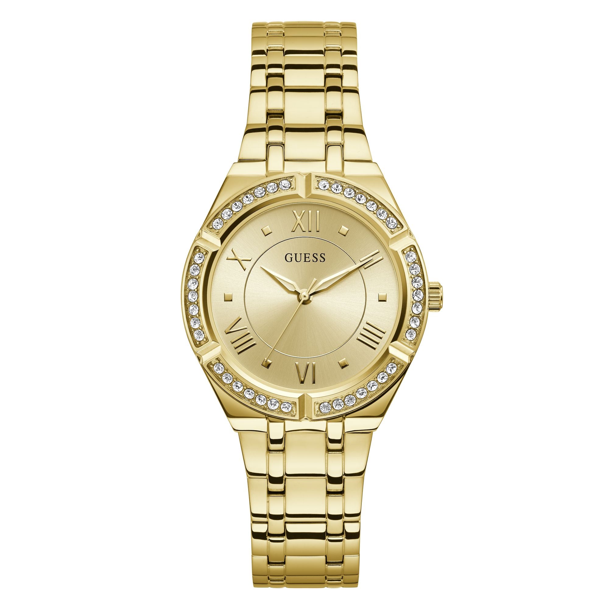 GUESS Gold Cosmo Crystal Watch GW0033L2 with a gold-tone dial, crystal-embellished case, and gold bracelet for timeless elegance.