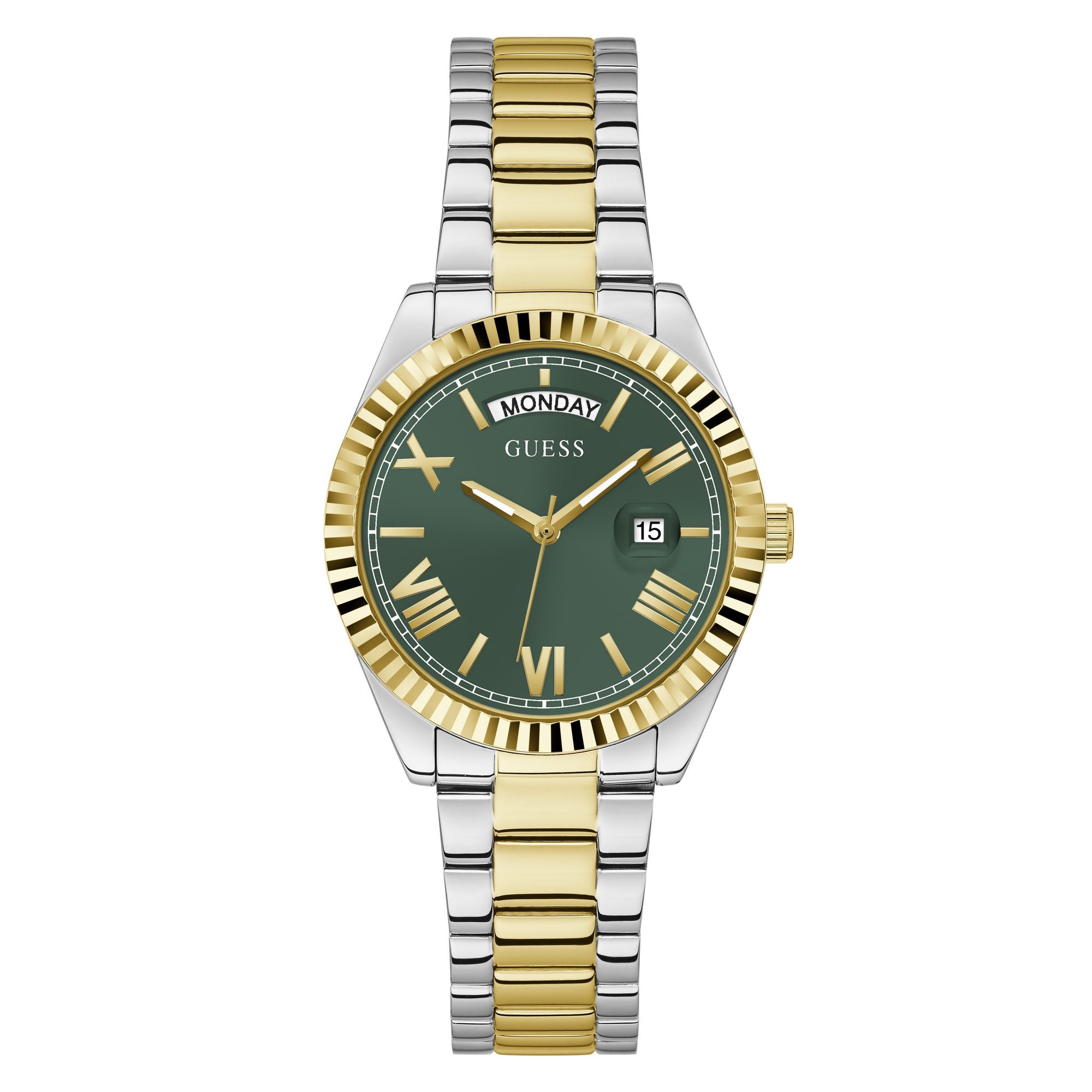 Guess Gold Green Luna Day-Date Watch GW0308L5 with a gold-tone coin-edge bezel, green dial, and two-tone bracelet.