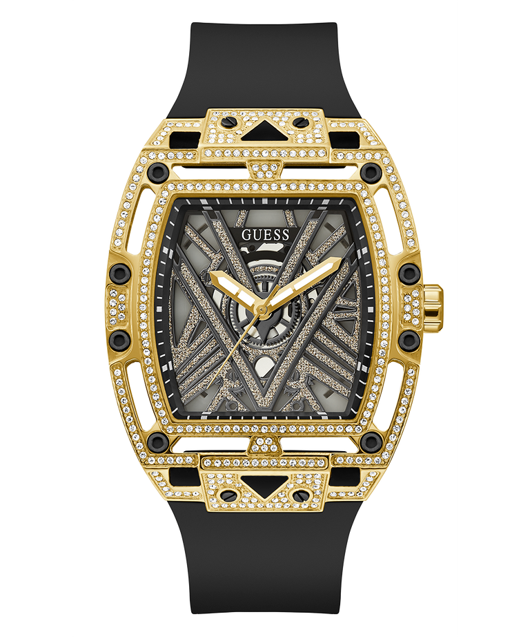 Guess Mens Black Gold Tone Analog Watch