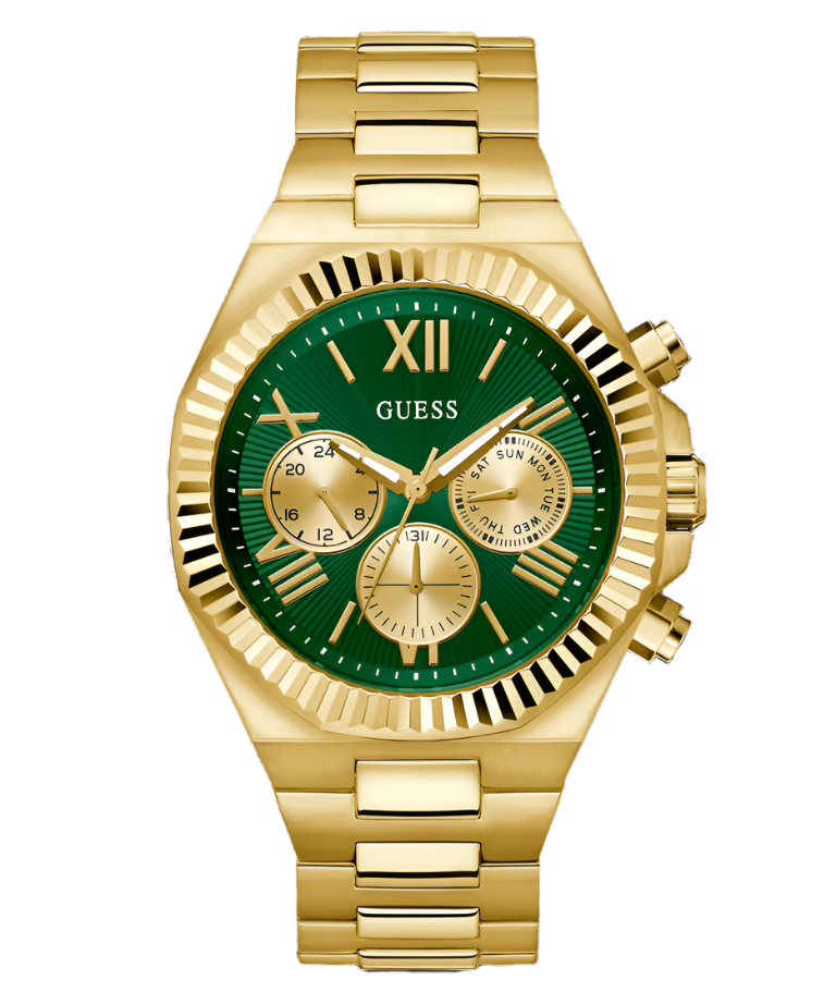 Guess Gold Green Dial Gold Bracelet Watch GW0703G2 with a gold-tone stainless steel bracelet, coin edge bezel, and green sunray dial.