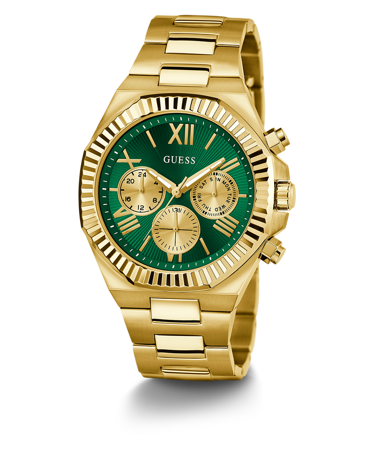 Guess Gold Green Dial Gold Bracelet Watch GW0703G2 with a gold-tone stainless steel bracelet, 44mm coin edge bezel, and green sunray dial.