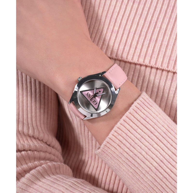 Guess Tri Plaque Silver Pink Leather Strap Watch GW0744L1