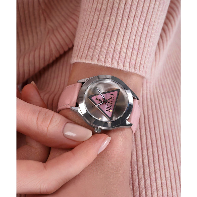 Guess Tri Plaque Silver Pink Leather Strap Watch GW0744L1