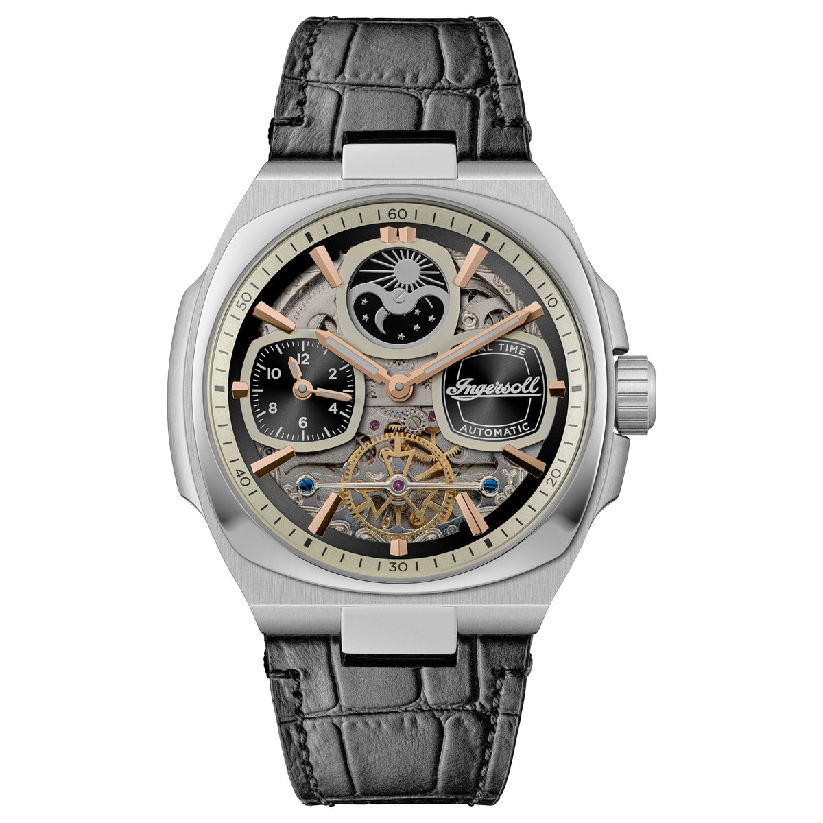 Ingersoll The Spirit 46mm Skeleton Dial Black Leather Strap Watch