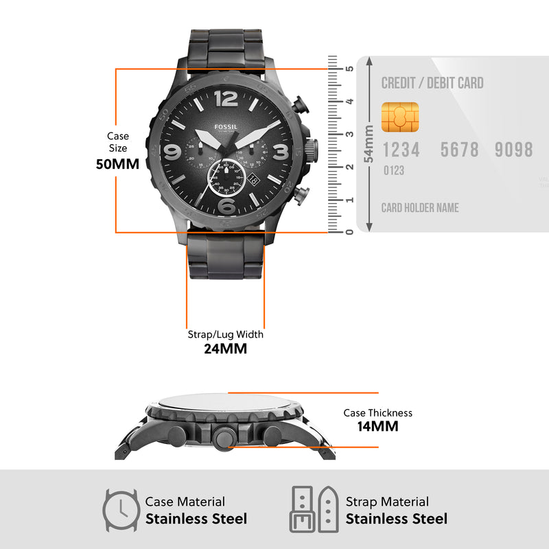 Fossil Nate Military-Inspired Grey Stainless Steel Chronograph Watch for Men - JR1437