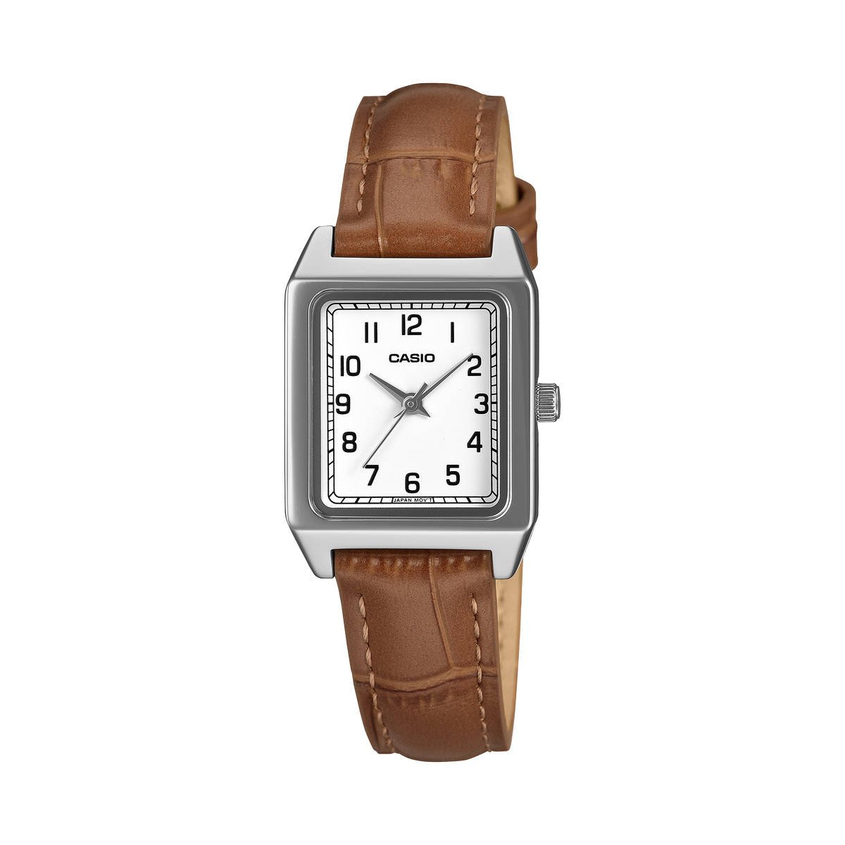 Casio LTP-B150LA-8B women's watch with a white dial and Roman numerals on a brown genuine leather band, front view