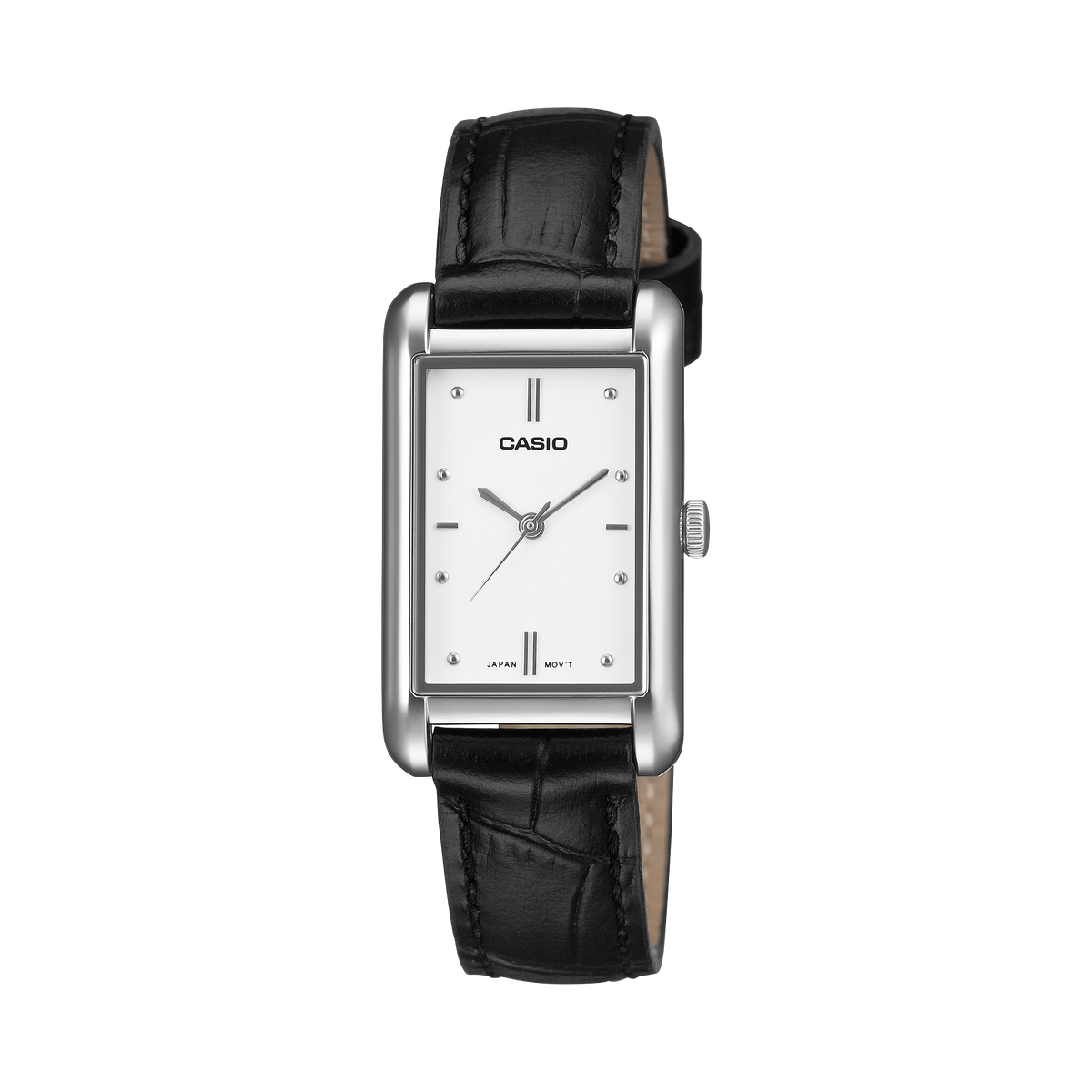 Casio LTP-B171L-7A1 women's watch with a white sunray dial on a black genuine leather band, front view