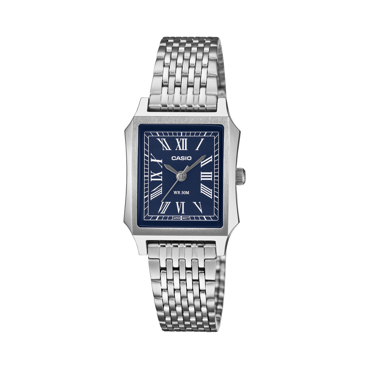 Casio LTP-B190D-2B dark blue Roman numeral dial on a stainless steel bracelet, shown straight on.