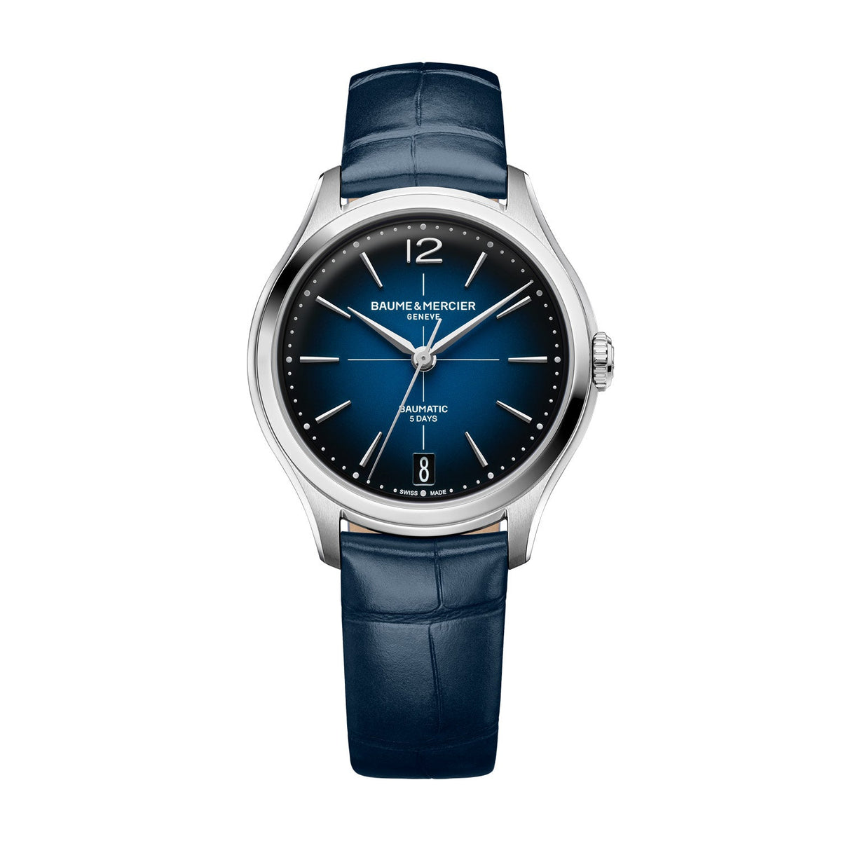 Baume & Mercier Clifton 34mm Blue Dial Leather Automatic Watch M0A10833 front packshot