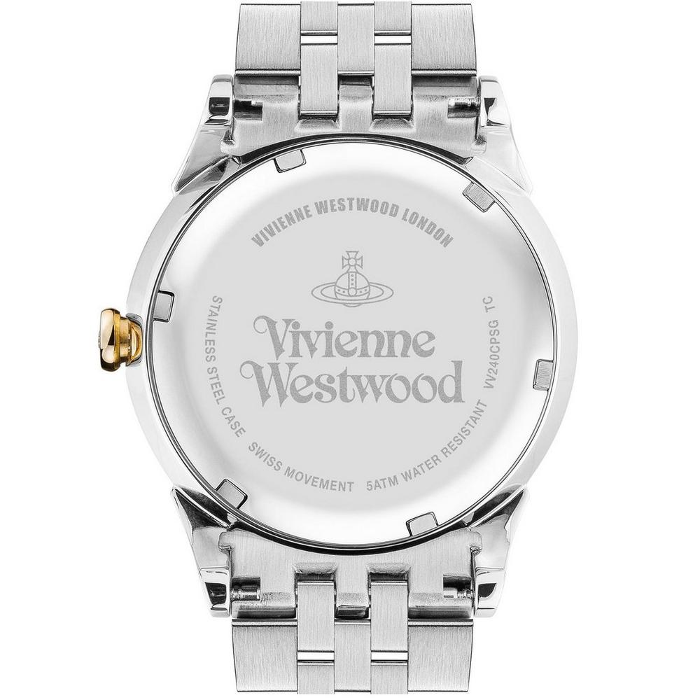 Vivienne Westwood Seymour women's watch with a champagne dial and two tone stainless steel bracelet. Close-up detail view.
