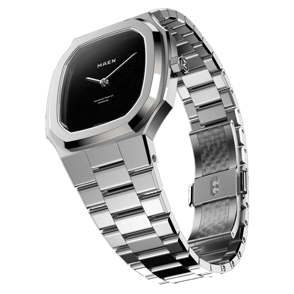 Three quarter view of the MAEN Manhattan 37 Ultra Thin M2.2.5 onyx dial watch showing the octagonal bezel and folding clasp