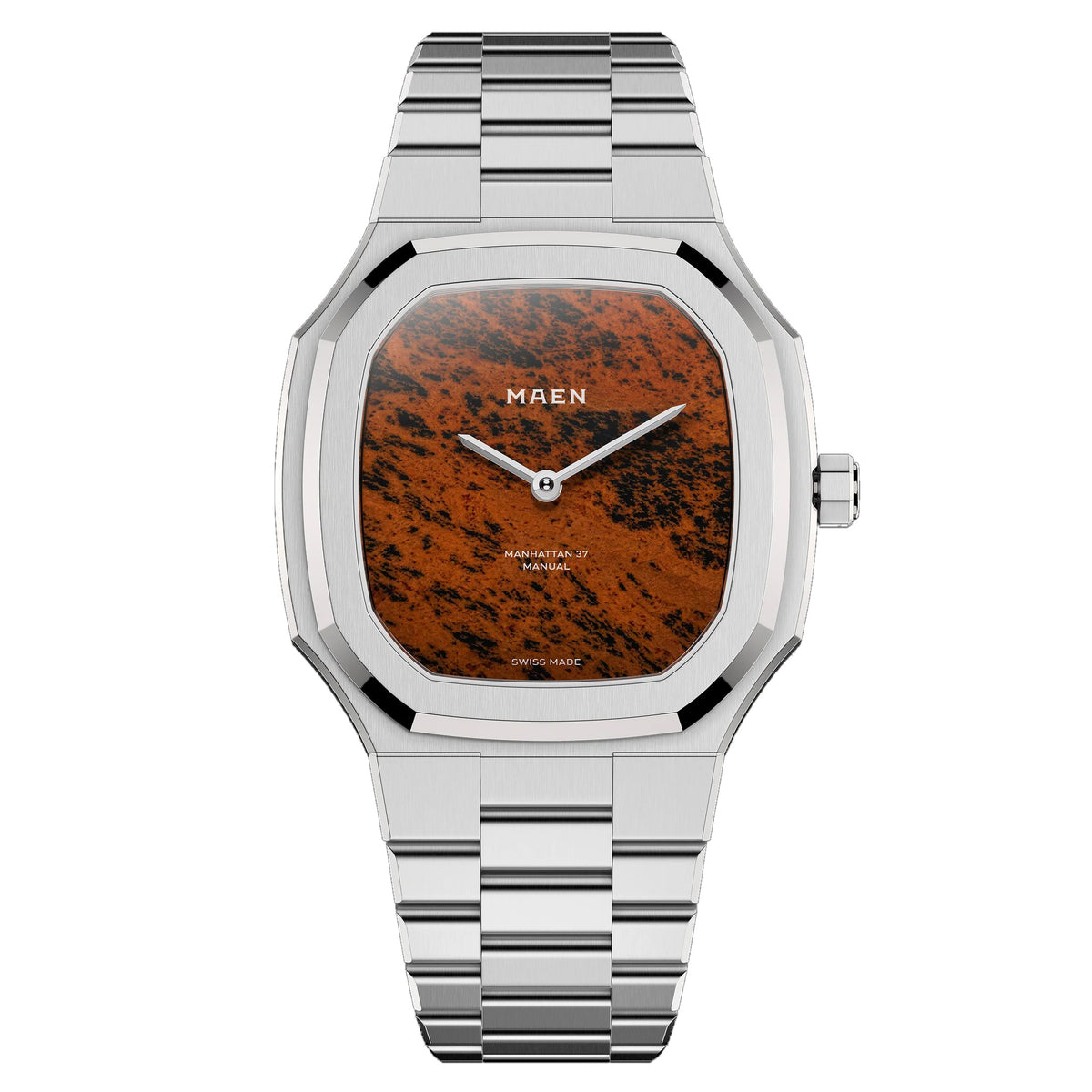 MAEN Manhattan 37 Ultra Thin M2.2.6 with a Golden Swan stone dial in warm amber and black on a stainless steel integrated bracelet, front view