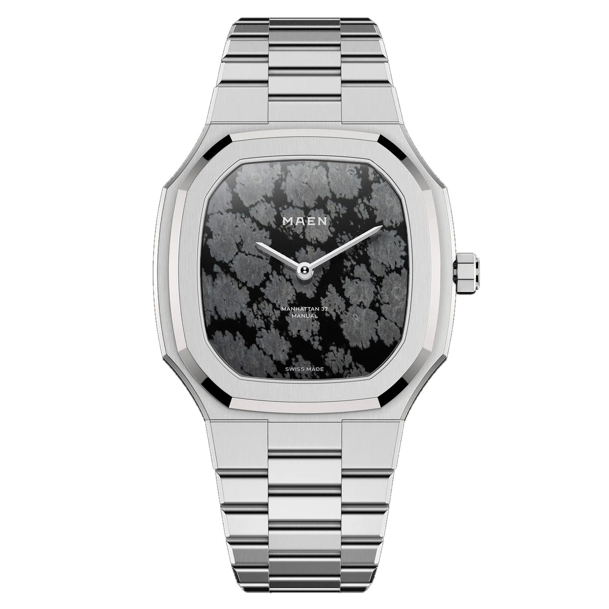 MAEN Manhattan 37 Ultra Thin M2.2.7 with a snowflake obsidian dial in black with pale grey inclusions, front view