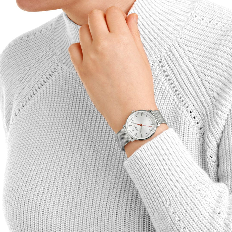 Mondaine Doppio White Dial Silver Mesh Bracelet Watch MLE.33110.SM