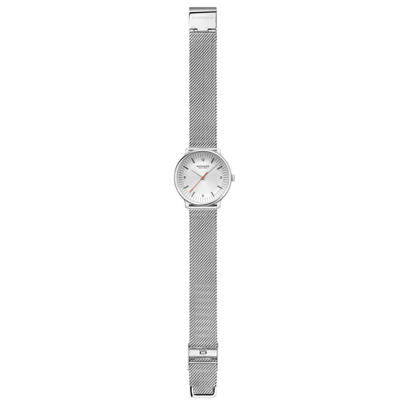 Mondaine Doppio White Dial Silver Mesh Bracelet Watch MLE.33110.SM