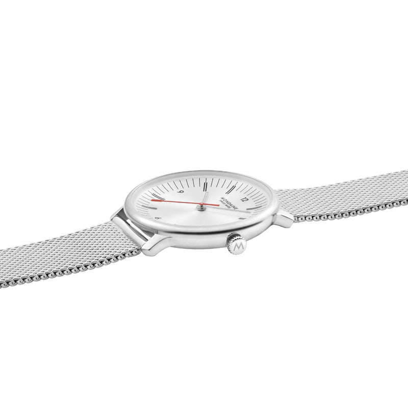 Mondaine Doppio White Dial Silver Mesh Bracelet Watch MLE.33110.SM