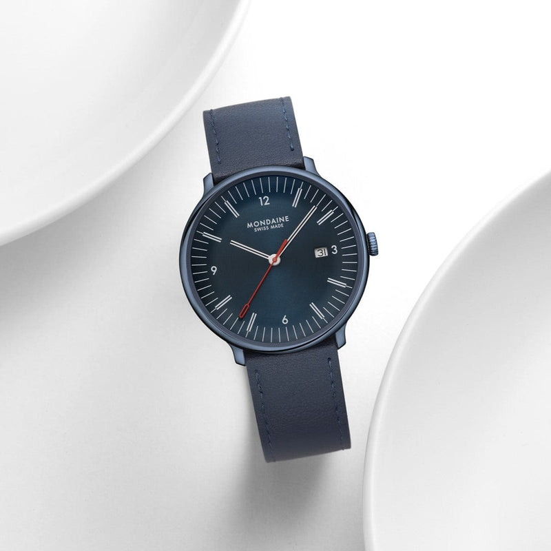 Mondaine Doppio 41mm Blue Vegan Grape Leather Watch MLE.41240.LDV
