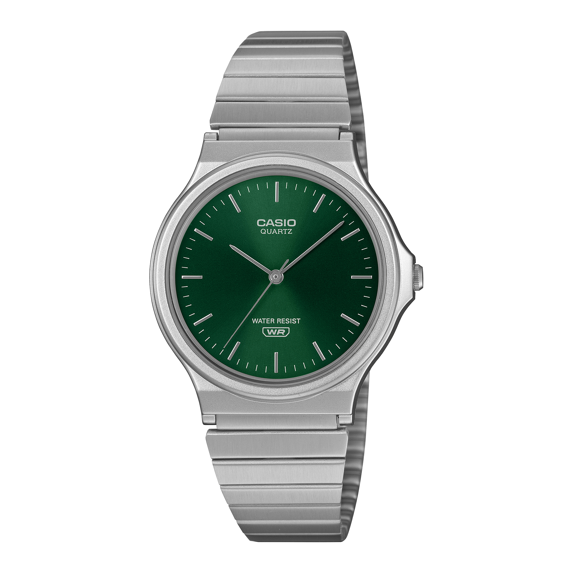 Casio analogue wristwatch with a green sunray dial and stainless steel band.